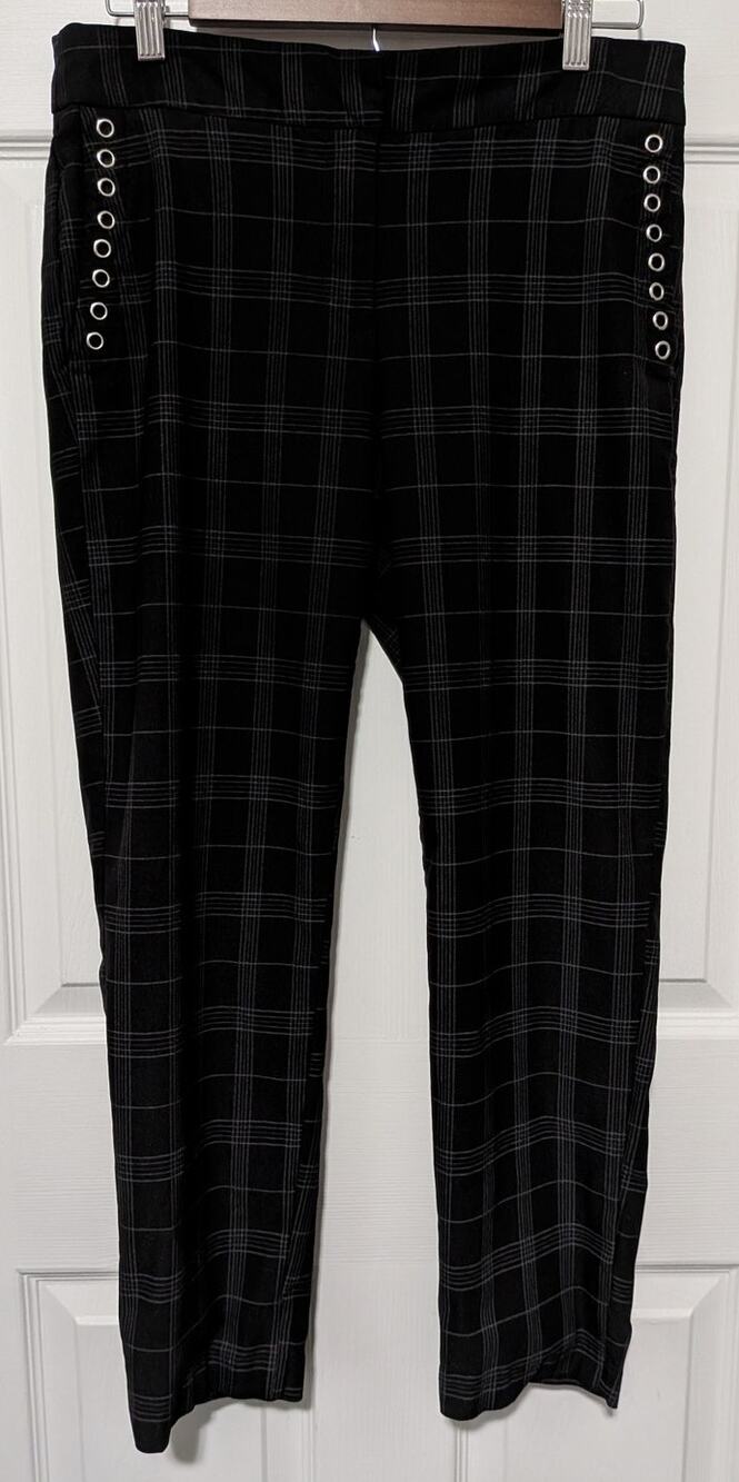Verve Blues Plaid Pants Size 12 Black Silver Grommet Eyelet Ankle Stretch Crop